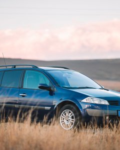 Blue car and yellow grass